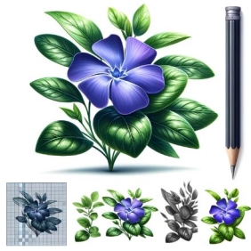 C:\Users\Наталочка\Desktop\DALL·E 2024-03-18 19.06.41 - Design a realistic icon featuring a natural periwinkle flower, focusing on accurately depicting its features such as the lush green leaves and the vib.png